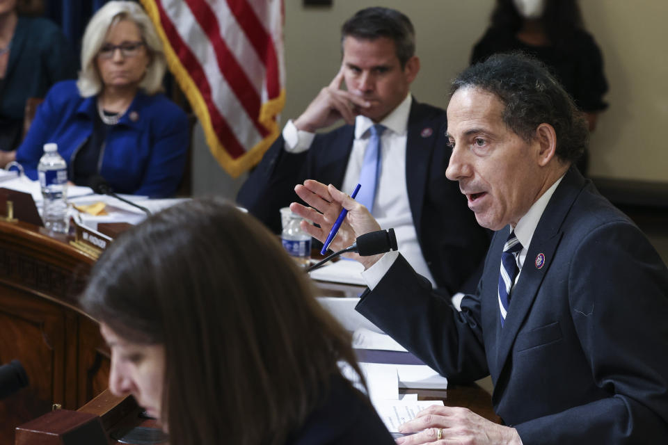 FILE - In this July 27, 2021, file photo Rep. Jamie Raskin, D-Md., speaks during the House select committee hearing on the Jan. 6 attack on Capitol Hill in Washington. The House Committee investigating the insurrection at the U.S. Capitol in January is demanding a host of records from the White House and several government intelligence and law enforcement agencies. (Oliver Contreras/The New York Times via AP, Pool, File)