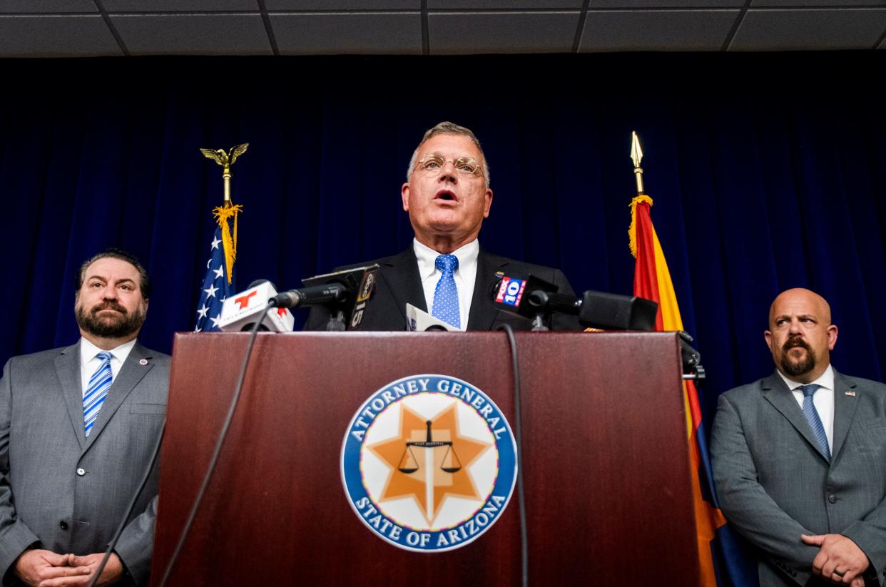 Arizona DPS Col. Frank L. Milstead speaks at a press conference announcing the multi-state investigation, arrest and criminal indictment involving Maricopa County Assessor Paul D. Petersen at the Office of the Attorney General on Oct. 9, 2019.