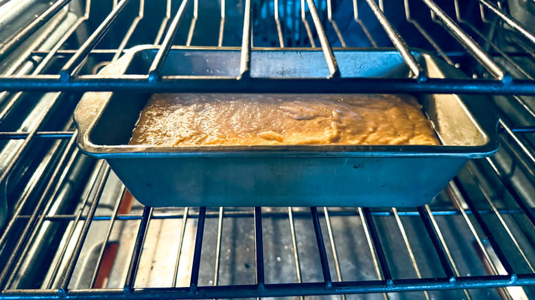 unbaked loaf cake in oven