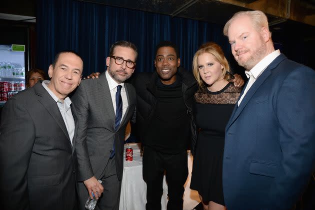 Gilbert Gottfried, left, with Chris Rock, center, along with Steve Carell, Amy Schumer and Jim Gaffigan, at a 2015 Comedy Central event in New York City. (Photo: Kevin Mazur via Getty Images)