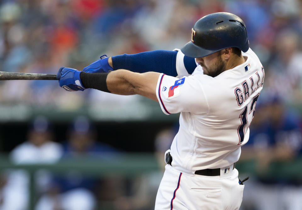 Texas Rangers’ Joey Gallo offers power, but his batting average is a major hinderance in fantasy leagues. (AP Photo/Jim Cowsert)