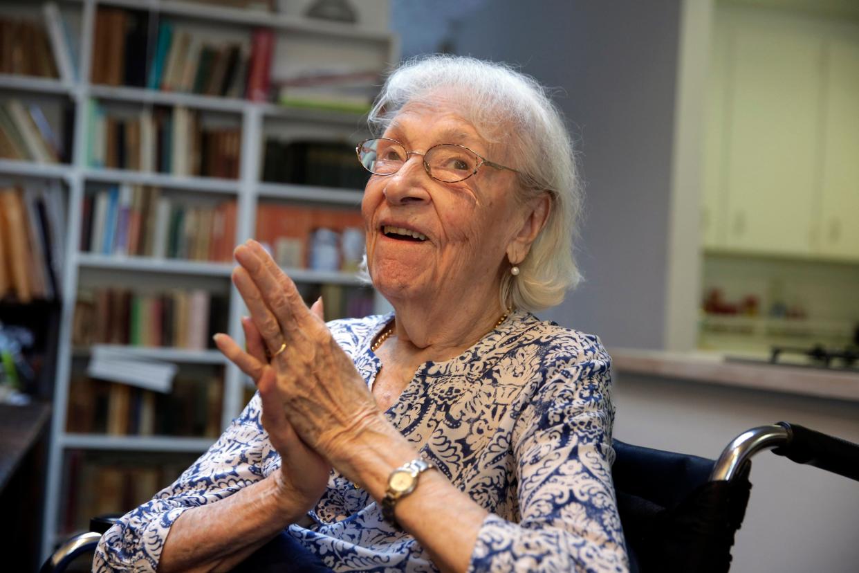 Cuban-born artist Carmen Herrera is interviewed in her New York studio on May 29, 2015. Herrera, whose radiant color and geometric paintings were overlooked for decades before the art world took notice, has died. Artist Antonio Bechara told the New York Times that Herrera died at her Manhattan home on Saturday, Feb. 12, 2022. She was 106.