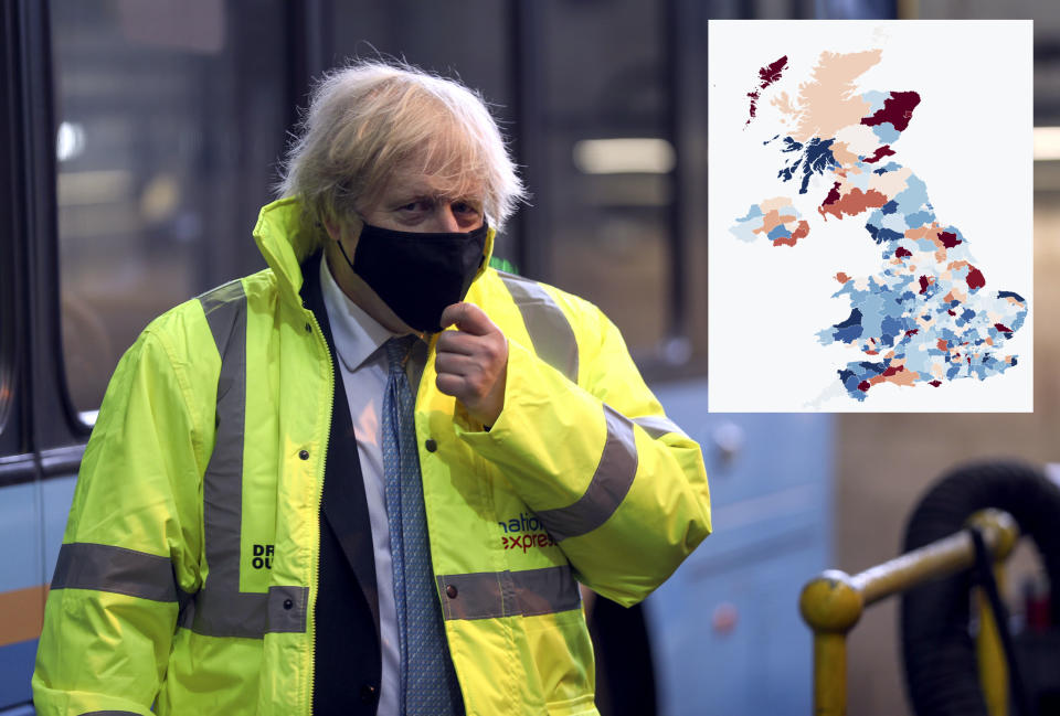 Boris Johnson in Coventry on Monday, as data showed COVID cases are rising in one in four areas of the UK. (Steve Parsons/pool/Getty Images)