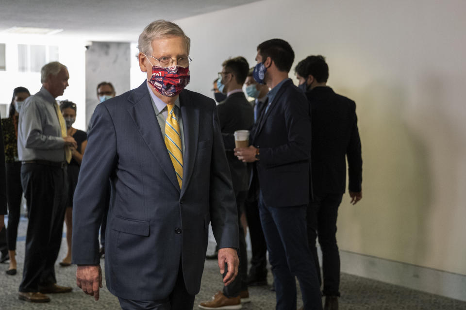 Senate Majority Leader Mitch McConnell, R-Ky., arrives for a GOP policy meeting on Capitol Hill, Tuesday, June 30, 2020. (AP Photo/Manuel Balce Ceneta)