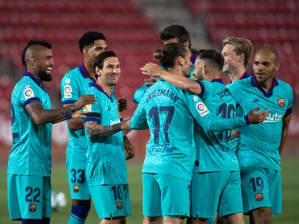 Barcelona celebrate after Vidal scores the opener in Mallorca: AFP