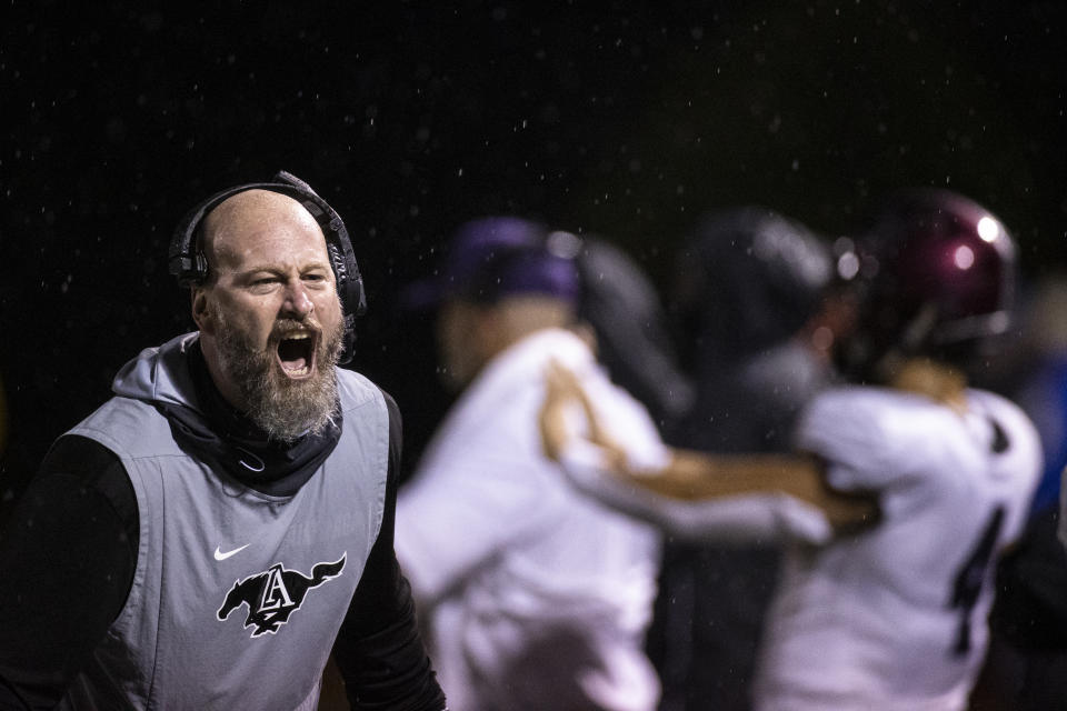 BRENTWOOD, TN - AUGUST 21:  Head coach Trent Dilfer of Lipscomb Academy instructs his players during a football game against Brentwood Academy on August 21, 2020 in Brentwood, Tennessee. High school football restarted this week across most of Tennessee despite the coronavirus (COVID-19) pandemic still affecting many parts of the world. (Photo by Brett Carlsen/Getty Images)