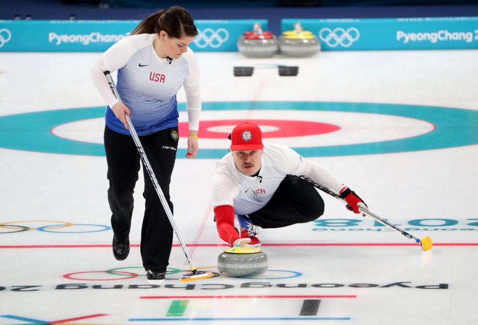 Becca Hamilton and Matt Hamilton compete in the curling mixed doubles round robin during the Pyeongchang 2018 Olympic Winter Games at Gangneung Curling Centre.