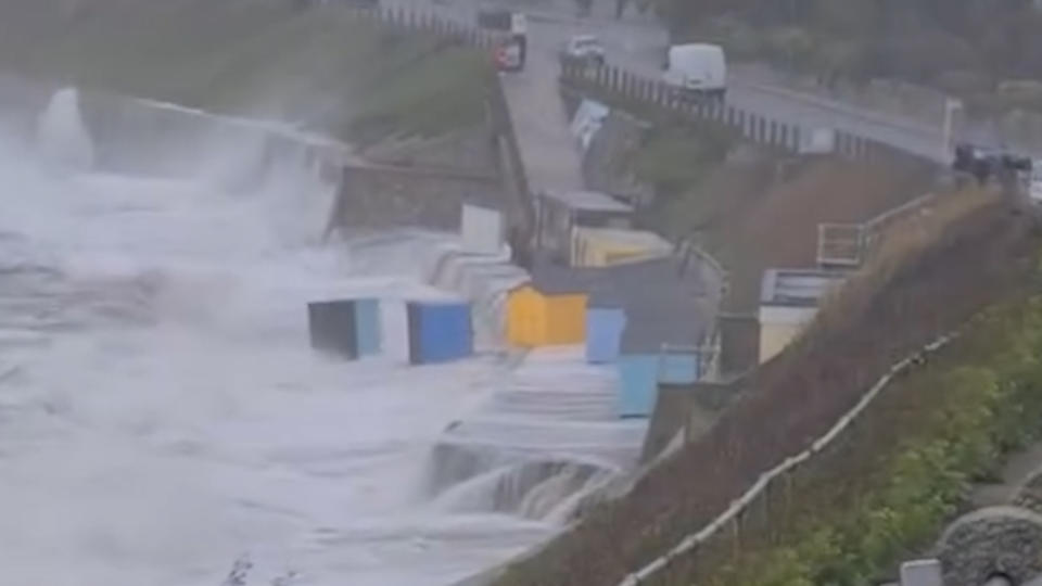 Beach huts being blown into the sea during Storm Pierrick, Castle Beach, Falmouth. Shocking footage shows beach huts being blown into the sea during Storm Pierrick. Huge waves and battering winds in Cornwall have washed newly painted huts on Castle Beach, Falmouth, into the ocean. Falmouth Coastguard had issued a warning for strong winds, tides and storm surges and a Met Office yellow weather warning was in place. The video, taken by local resident Stacey Lewin at 6:40pm last night, shows at least two colourful beach huts being swept away into the ocean. 