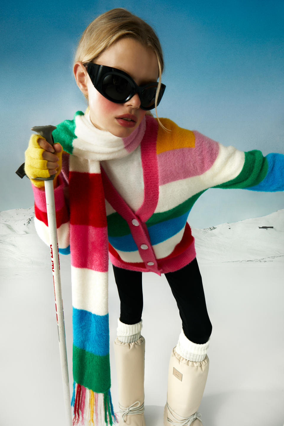 Knitwear is featured in the ski capsule campaign.