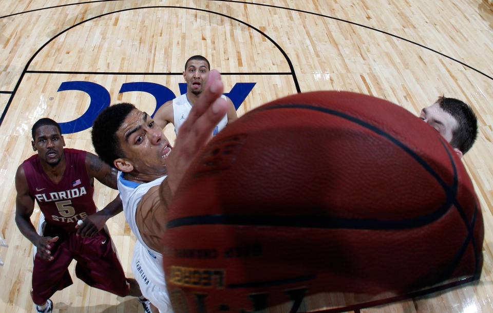 ATLANTA, GA - MARCH 11: James Michael McAdoo #43 of the North Carolina Tar Heels battles for a rebound against Bernard James #5 of the Florida State Seminoles during the Final Game of the 2012 ACC Men's Basketball Conference Tournament at Philips Arena on March 11, 2012 in Atlanta, Georgia. (Photo by Kevin C. Cox/Getty Images)