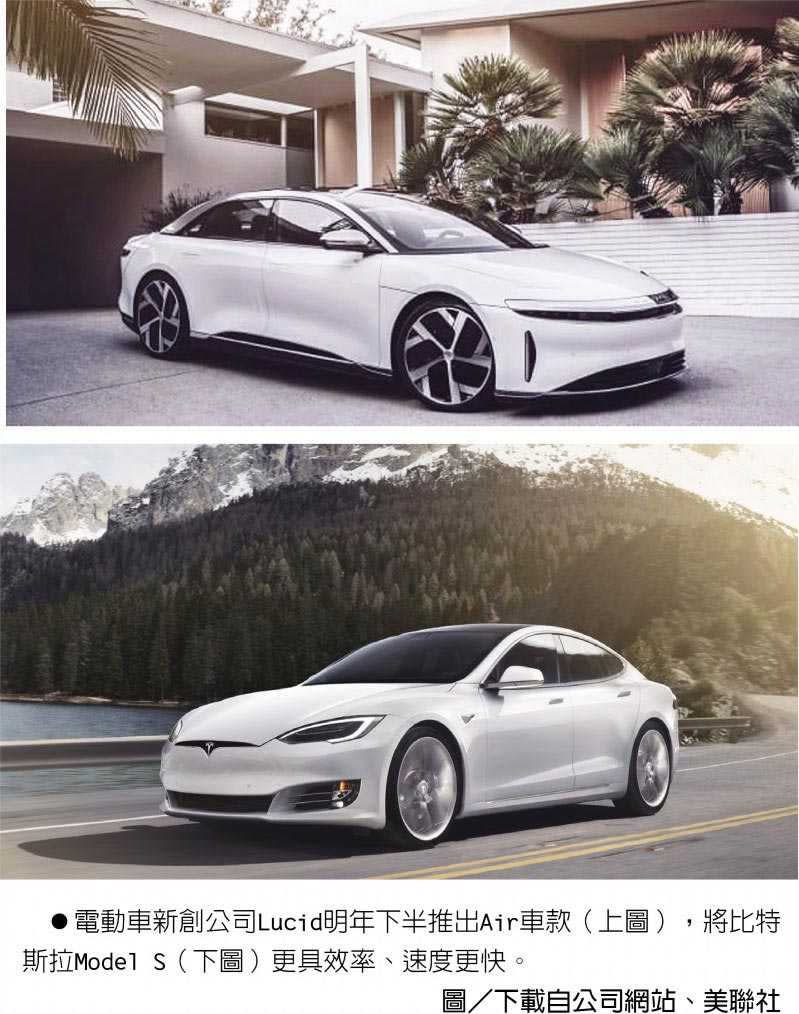 電動車新創公司Lucid明年下半推出Air車款（上圖），將比特斯拉Model S（下圖）更具效率、速度更快。（圖／下載自公司網站、美聯社）