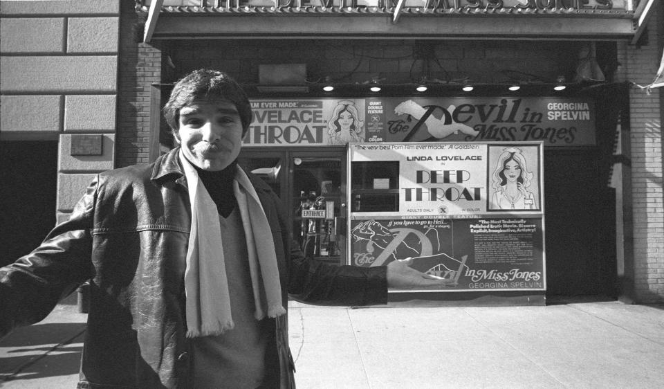 NEW YORK, NY - MAY 15:  Porno Actor Harry Reems in front of a porno shop on May 15,1976 in New York, New York. (Photo by Santi Visalli/Getty Images)  