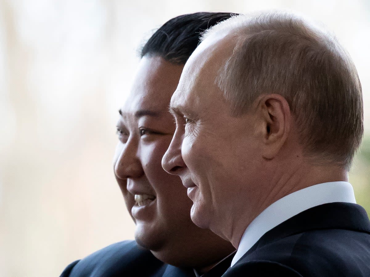 Russian President Vladimir Putin welcomes North Korean leader Kim Jong Un prior to their talks at the Far Eastern Federal University campus on Russky island in the far-eastern Russian port of Vladivostok in 2019 (POOL/AFP via Getty Images)
