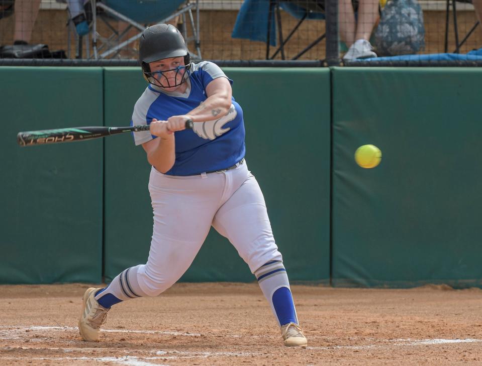 Deltona's Delanie Perry (18) takes a swing at the Class 5A state championship game at Legends Way Ball Fields in Clermont on Thursday.