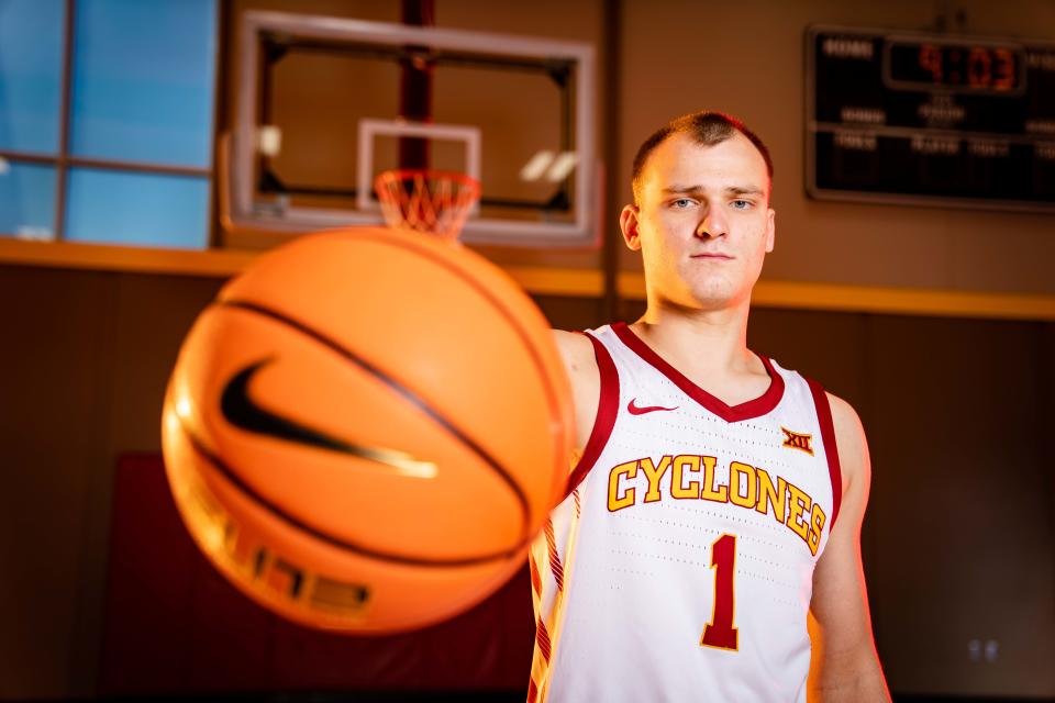 Eli King stands for a photo during Iowa State men's basketball media day Wednesday. King is one of two freshmen contending for the Cyclones' starting point guard job.