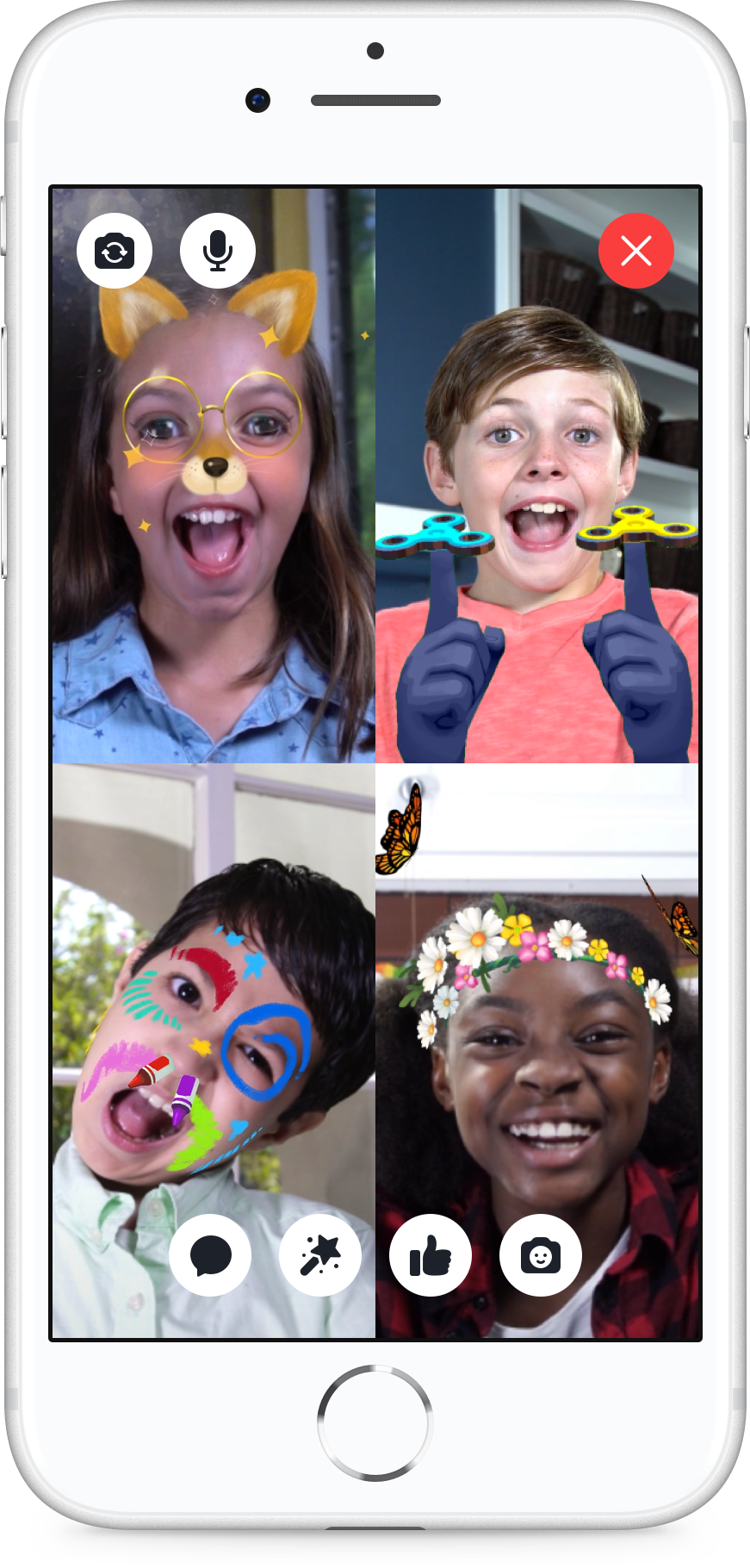 The Messenger Kids app lets users send text-based messages, video chat, tack on virtual stickers and masks, but has stricter rules and parental controls in place. Source: Facebook