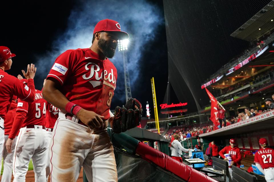 Cincinnati Reds outfielder Henry Ramos (31) jogs into the clubhouse at the conclusion of a baseball game between the Texas Rangers at the Cincinnati Reds, Tuesday, April 25, 2023, at Great American Ball Park in Cincinnati.  The Cincinnati Reds won, 7-6.