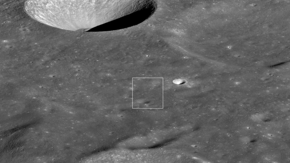 A white box surrounds an area of the moon in which NASA's LRO spacecraft spotted the Danuri probe from South Korea.