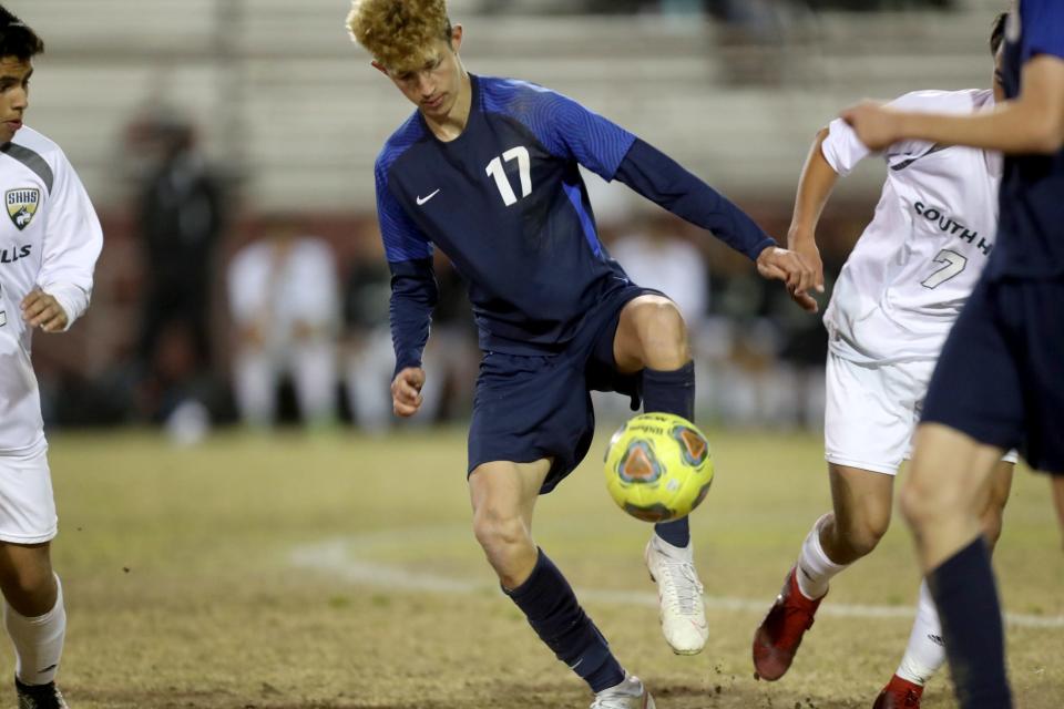 Aidan Brothers (17) of La Quinta controls the ball against South Hills in a CIF-SS second-round boys' soccer playoff game in La Quinta, Calif., on Tuesday, Feb. 15, 2022. 