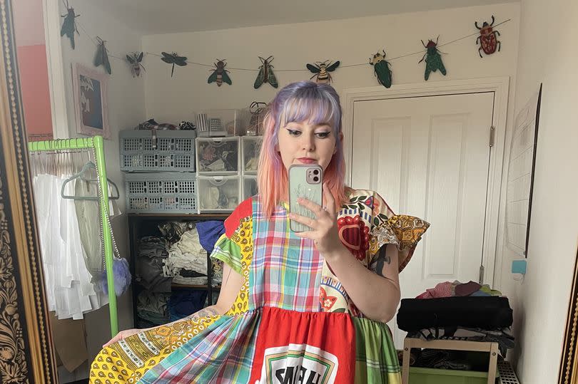Scarlett Hawkes, 28, wearing one her patchwork outfits made with a Heinz ketchup tea towel.