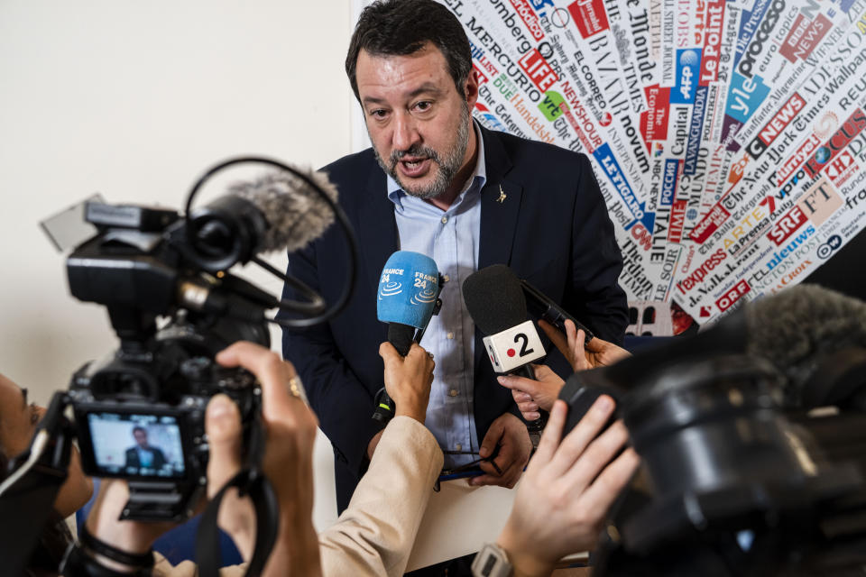 Italian Infrastructures Minister Matteo Salvini answers reporters questions at the end of a press conference at the Foreign Press Club in Rome, Tuesday, April 4, 2023. Salvini addressed questions, among others, about the role of Italy in the migration crisis in the Mediterranean Sea, and about the multi-billion euros project to build a bridge over the Messina strait between Sicily and Calabria in southern Italy. (AP Photo/Domenico Stinellis)