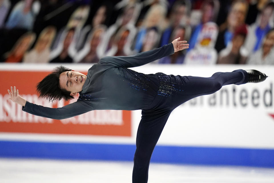 Vincent Zhou competes during the men's short program at the U.S. Figure Skating Championships, Saturday, Jan. 16, 2021, in Las Vegas. (AP Photo/John Locher)