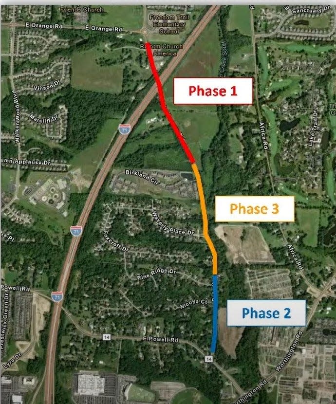 The red line on this map shows the first phase of a widening project along Bale Kenyon Road in Orange Township. Construction is expected to begin on that phase in 2023.