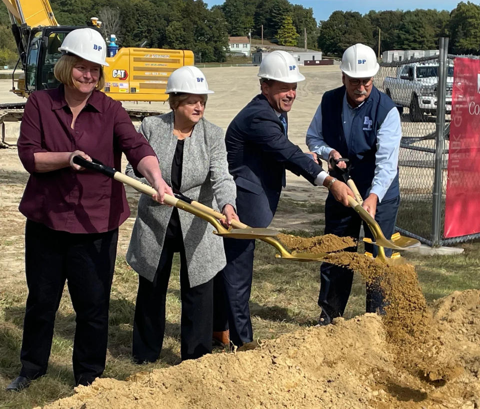 From left, MSBA Authority Executive Director Mary Pichetti, School Building Committee Chair Carolyn Pearson, B-P Superintendent Alexandre Magalhaes and B-P School Committee Chair Louis Borges, Jr. participate in a groundbreaking ceremony on Saturday, Oct. 14, 2023, to kick off the new $305 million school building project. Magalhaes announced in December he is retiring at the end of the 2024 calendar year.