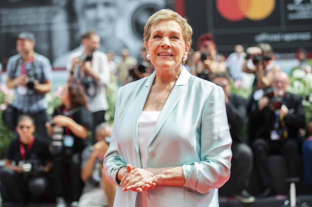 Actress Julie Andrews poses for photographers upon arrival at the Golden Lion for Lifetime Achievement Award presentation at the 76th edition of the Venice Film Festival, Venice, Italy, Monday, Sept. 2, 2019. (Photo by Arthur Mola/Invision/AP)