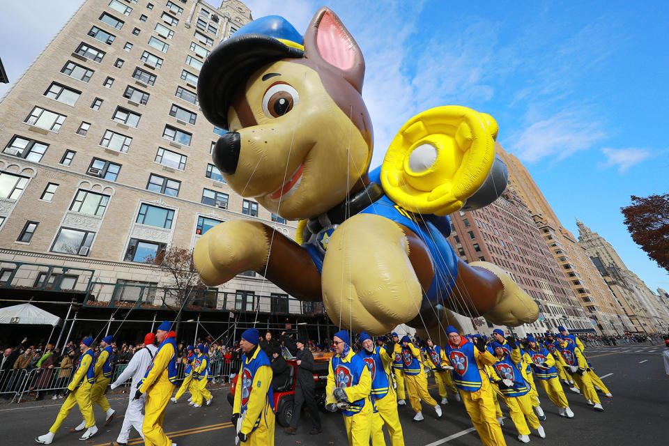 Nickelodeon's Paw Patrol's Chase balloon strolls down Central Park West during the 93rd Macy’s Thanksgiving Day Parade in New York. Chase's cap could cover an actual police squad car. (Photo: Gordon Donovan/Yahoo News)