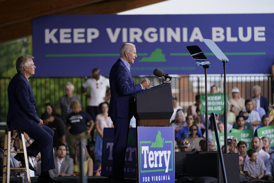 President Joe Biden speaks at a campaign event for Virginia democratic gubernatorial candidate Terry McAuliffe at Lubber Run Park, Friday, July 23, 2021, in Arlington, Va. (AP Photo/Andrew Harnik)