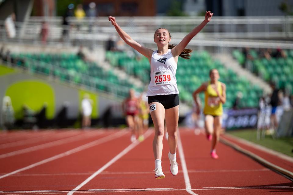 West Salem’s Avery Meier finishes second in the 6A 3,000 meters during day two of the OSAA State Track and Field Championships Friday, May 17, 2024 at Hayward Field in Eugene, Ore.