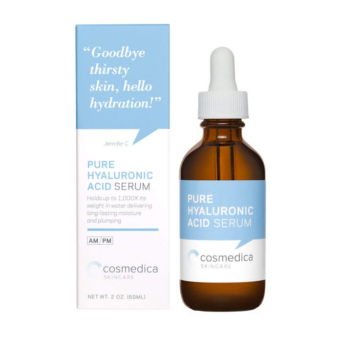 The anti-aging serum from Cosmedica is made from pure hyaluronic acid, which helps improve skin tone, reduces fine lines and wrinkles, brightens skin, and is super moisturizing.