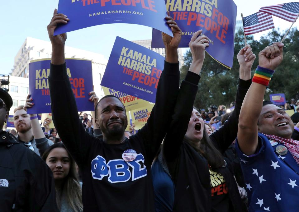 Supporters cheer while listening to Sen. Kamala Harris speak at the rally to launch Harris' 2020 presidential campaign, in her hometown of Oakland, California on January 27, 2019.