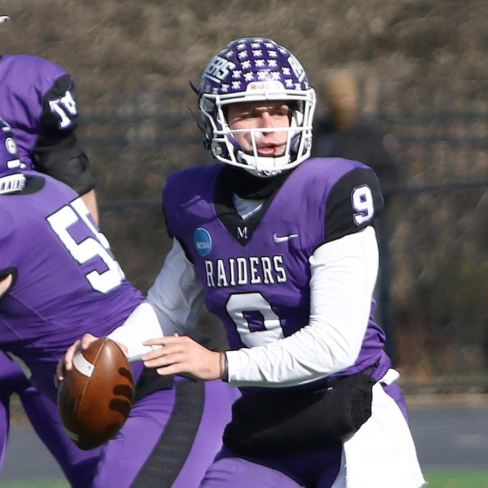 Mount Union quarterback Braxton Plunk looks to throw against Salisbury during an NCAA playoff game at Kehres Stadium Saturday, November 19, 2022.