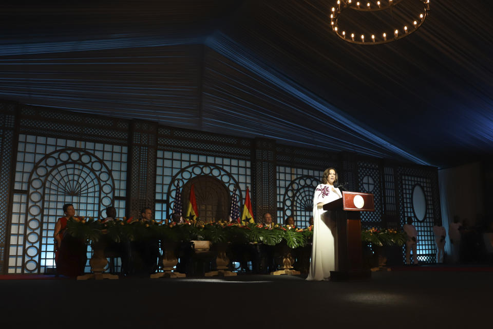 U.S. Vice President Kamala Harris speaks at a state banquet in Accra, Ghana, Monday, March 27, 2023. Harris is on a seven-day African visit that will also take her to Tanzania and Zambia. (AP Photo/Misper Apawu)