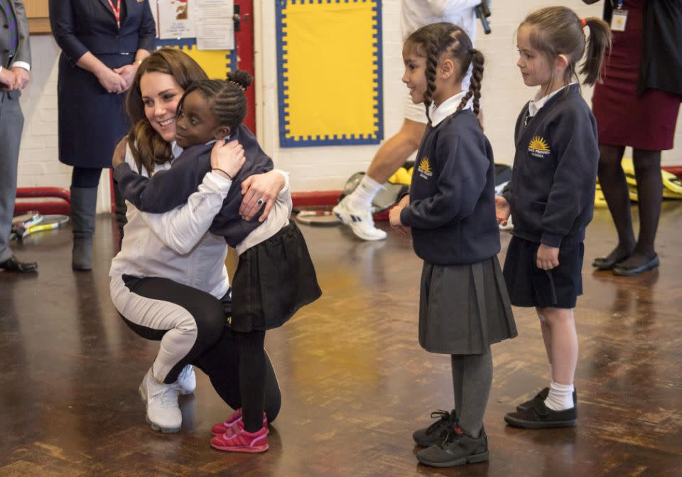 The Duchess visited Bond Primary School in Mitcham, south west London, to see their Wimbledon Junior Tennis Initiative. Photo: Getty Images