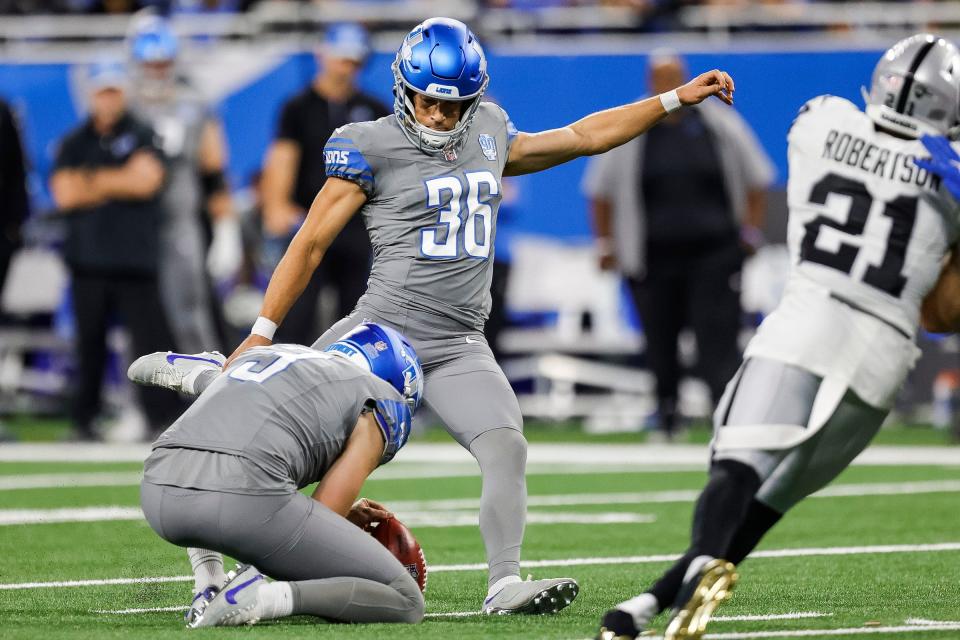 Detroit Lions place kicker Riley Patterson (36) attempts a field goal against Las Vegas Raiders during the second half at Ford Field in Detroit on Monday, Oct. 30, 2023.