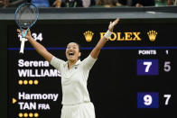 France's Harmony Tan celebrates after beating Serena Williams of the US in a first round women's singles match on day two of the Wimbledon tennis championships in London, Tuesday, June 28, 2022. (AP Photo/Alberto Pezzali)