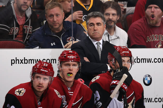 GLENDALE, AZ – FEBRUARY 11: Head coach Dave Tippett of the Arizona Coyotes watches from the bench during the third period of the NHL game against the Pittsburgh Penguins at Gila River Arena on February 11, 2017 in Glendale, Arizona. The Coyotes defeated the Penguins 4-3 in overtime. (Photo by Christian Petersen/Getty Images)