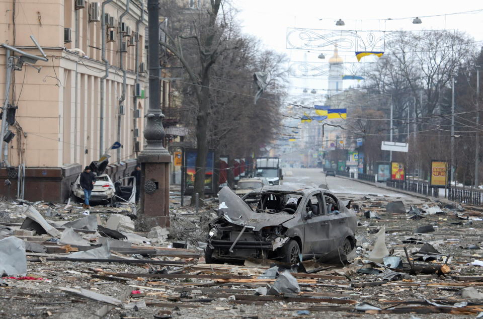 A view shows the area near the regional administration building, which city officials said was hit by a missile attack, in central Kharkiv, Ukraine, March 1, 2022. REUTERS/Vyacheslav Madiyevskyy