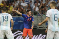 Colombia's James Rodriguez gestures during a Copa America Group B soccer match against Argentina at the Arena Fonte Nova in Salvador, Brazil, Saturday, June 15, 2019. (AP Photo/Ricardo Mazalan)