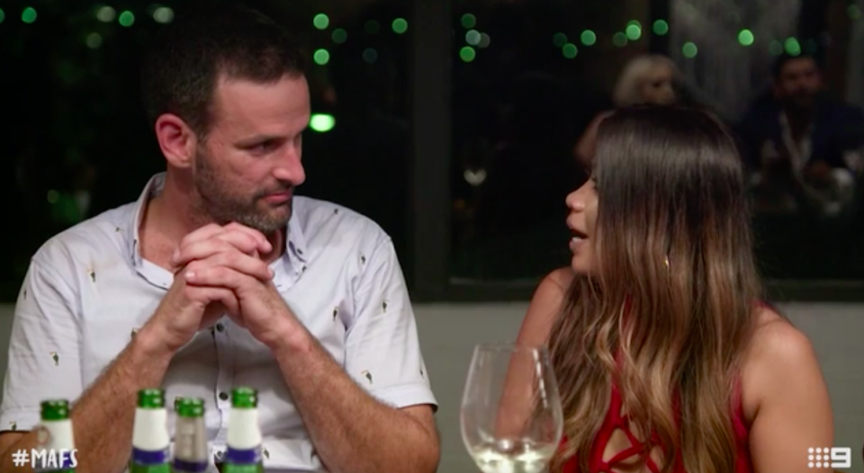 “What’s going on down there?” Cyrell asked Mick when she noticed Jess and Nic speaking to each other at other end of the dinner table. Photo: Channel Nine