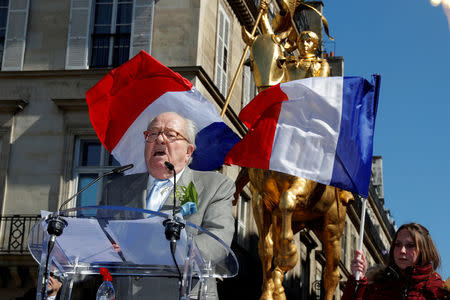 France's far right National Front party founder Jean-Marie Le Pen delivers a speech during the traditional May Day tribute to Joan of Arc (Jeanne d'Arc) in front of her statue in Paris, France, May 1, 2016. REUTERES/Philippe Wojazer