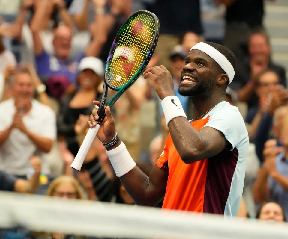 Frances Tiafoe gets the crowd going during the second set tie break against Andrey Rublev.