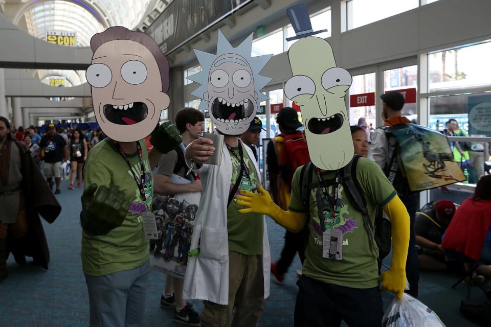 <div class="inline-image__caption"><p>Fans attend Comic-Con International as <em>Rick and Morty </em>characters in San Diego, California.</p></div> <div class="inline-image__credit">Phillip Faraone/Getty</div>