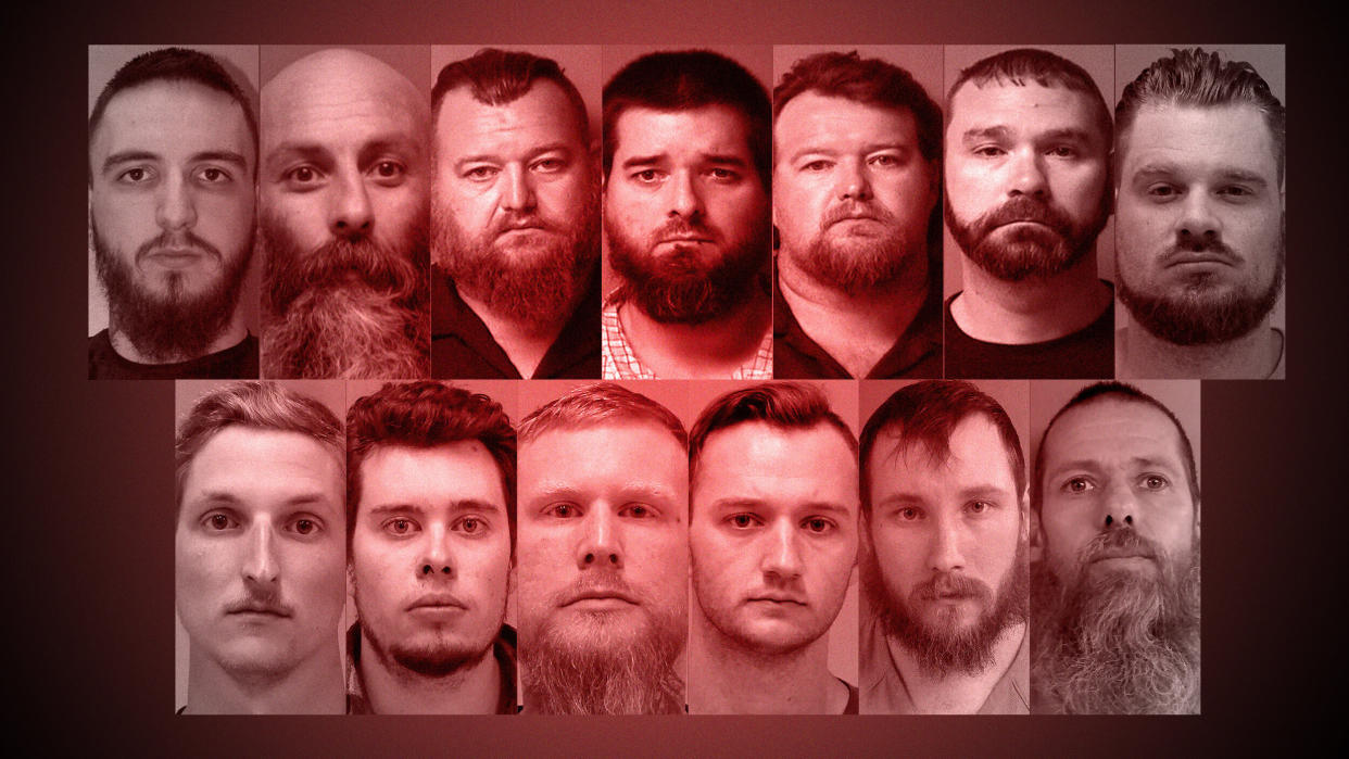 Mugshots of the 13 men belonging to paramilitary groups who were arrested last week related to a plot to kidnap Michigan Gov. Gretchen Whitmer, a Democrat. (Photo: HuffPost Illustration/Police Handouts)