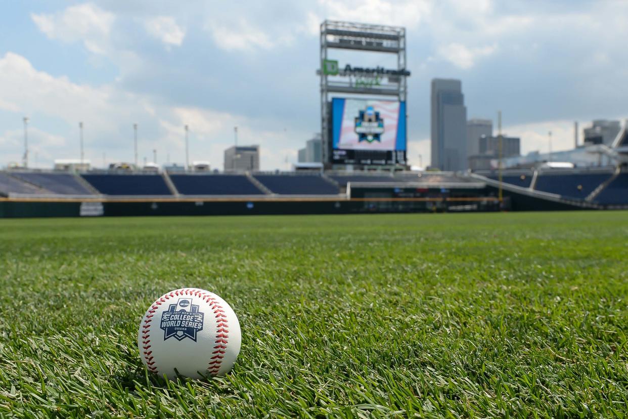 General view of a baseball and scoreboard before game one of the championship series between the Florida Gators and the LSU Tigers in the 2017 College World Series at TD Ameritrade Park Omaha. Mandatory Credit: Steven Branscombe-USA TODAY Sports