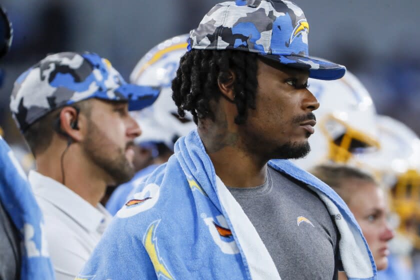 Inglewood, CA, Saturday, August 13, 2022 - Chargers safety Derwin James on the sideline during a preseason game against the Rams at SoFi Stadium. (Robert Gauthier/Los Angeles Times)