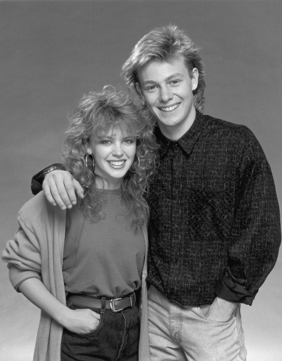 Actress and singer Kylie Minogue with her co-star in the Australian soap-opera 'Neighbours', Jason Donovan, circa 1987. (Photo by Dave Hogan/Hulton Archive/Getty Images)